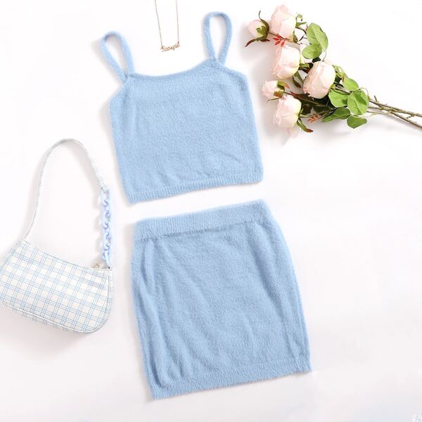 

Solid Fluffy Knit Crop Sweater Cami Top & Skirt Set, Baby blue