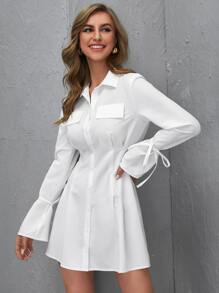 SHEIN BAE Knot Cuff Flap Detail Shirt Dress - White - View 3