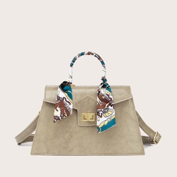 

Twilly Scarf Decor Twist Lock Satchel Bag, Khaki