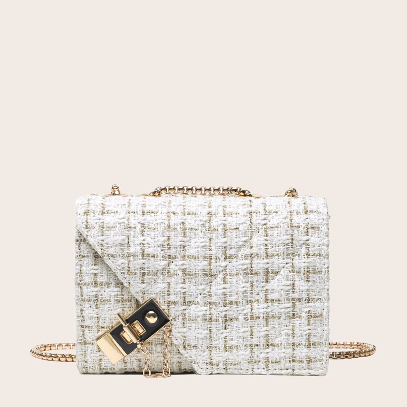 

Metal Lock Tweed Chain Bag, White