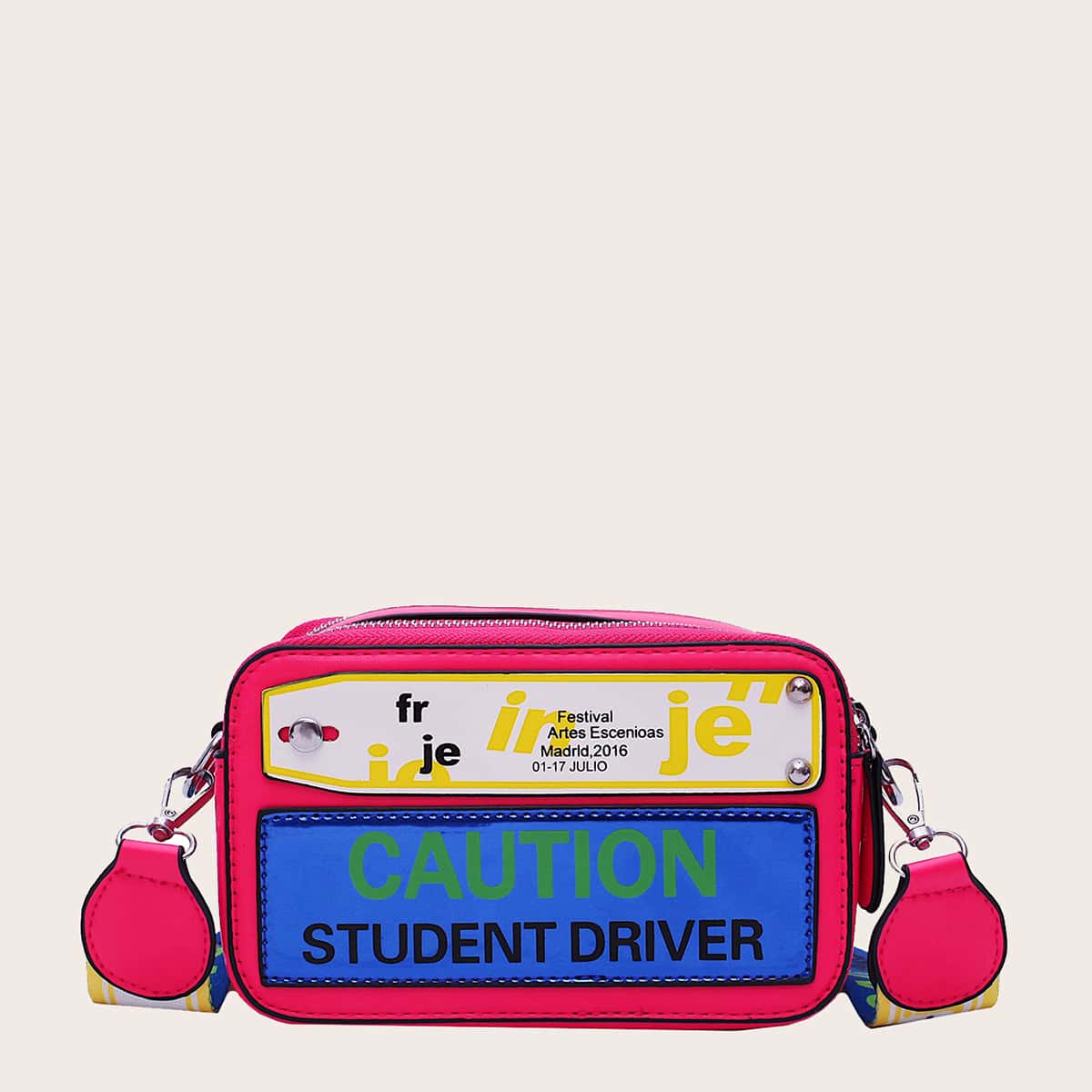 

Letter Graphic Color Block Crossbody Bag, Red