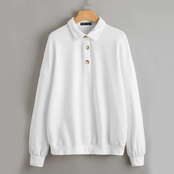 

Collared Buttoned Half Placket Sweatshirt, White