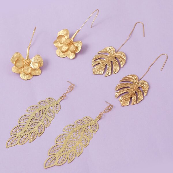 

3pairs Leaf & Flower Drop Earrings, Gold