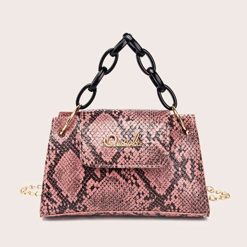 

Metal Letter Decor Snakeskin Satchel Bag, Multicolor