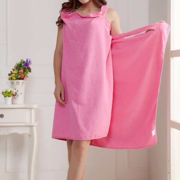 

1pc Solid Color Wearable Bath Towel, Pink