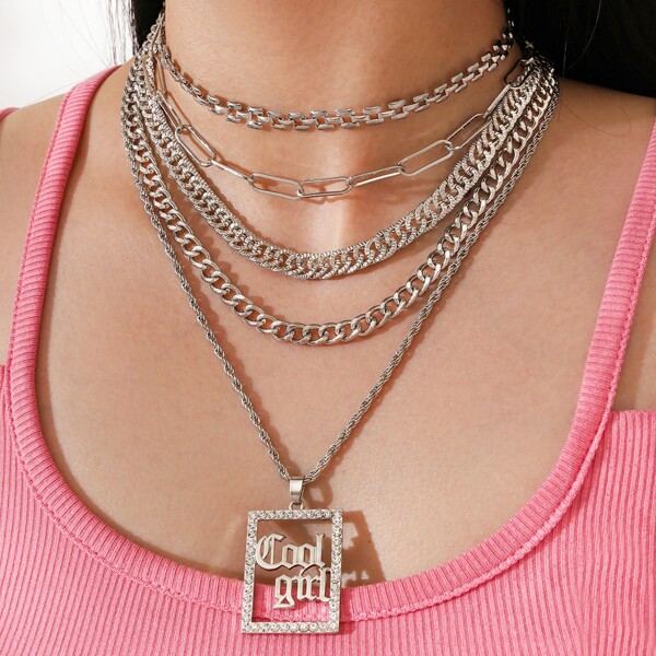 

5pcs Letter Decor Hollow Rectangle Pendant Chain Necklace, Silver