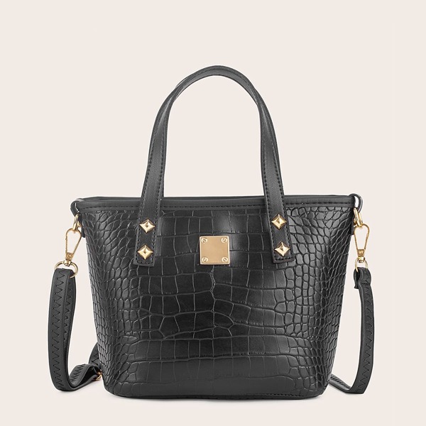 

Studded Decor Croc Embossed Bucket Bag, Black