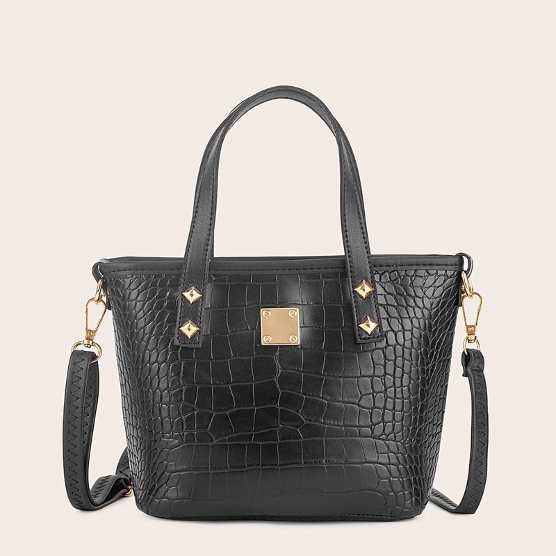 

Studded Decor Croc Embossed Bucket Bag, Black