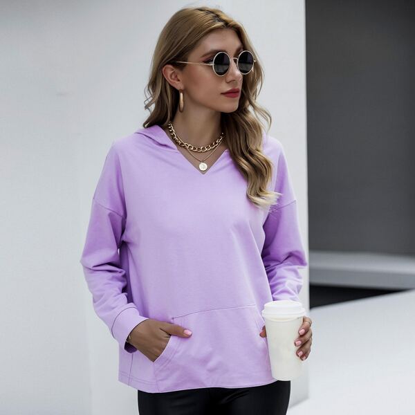 

Solid Kangaroo Pocket Drop Shoulder Hoodie, Lilac purple