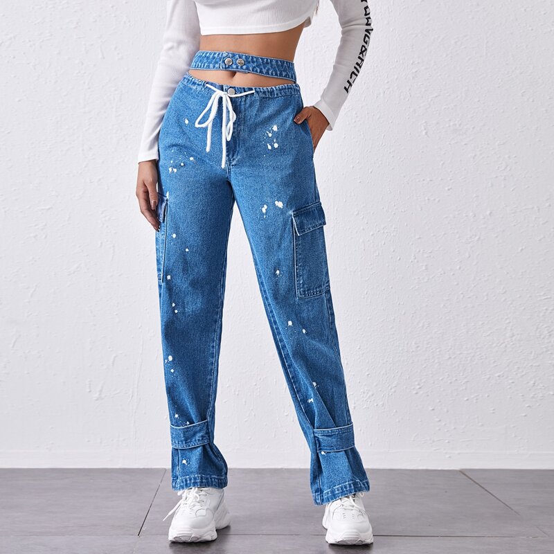 

Splash Ink Flap Pocket Side Drawstring Waist Straight Leg Jeans, Medium wash