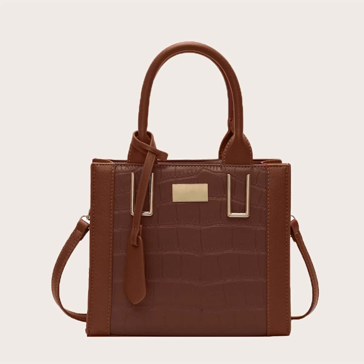 

Croc Embossed Satchel Bag, Brown