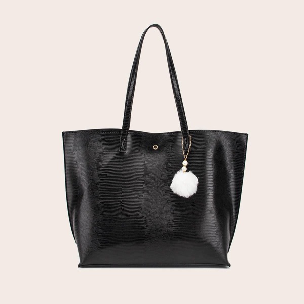 

Pom Pom Decor Lizard Embossed Tote Bag, Black