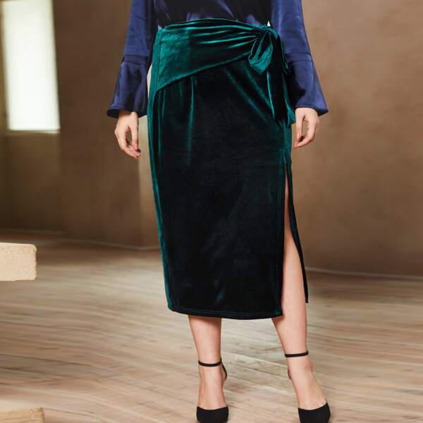 

Plus Velvet Tie Front Slit Skirt, Dark green