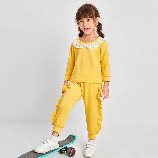 

Toddler Girls Contrast Lace Sweatshirt & Ruffle Trim Sweatpants, Yellow