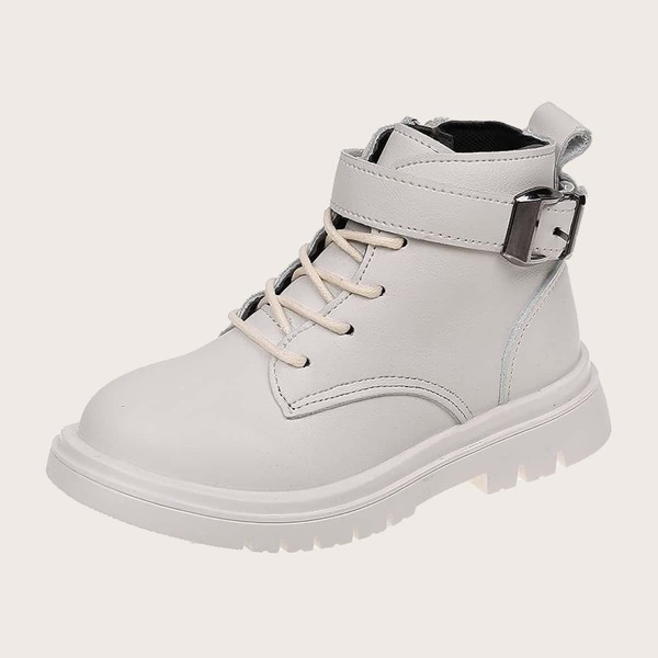

Girls Buckle Decor Lace-up Boots, Beige