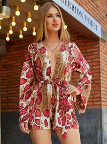 Eilly Bazar 低胸領腰帶蛇皮紋連身短褲 - 彩色 - 查看 4