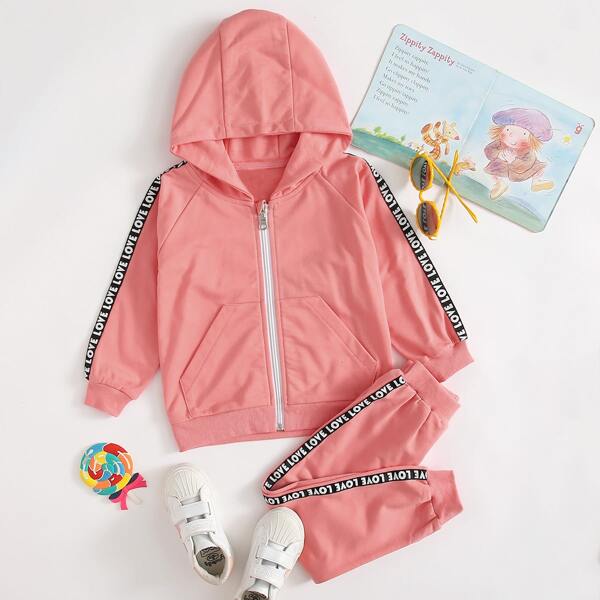 

Toddler Girls Letter Graphic Zip Up Hoodie & Sweatpants, Coral pink