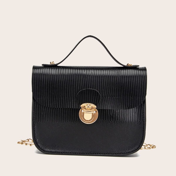 

Lizard Embossed Push Lock Satchel Bag, Black