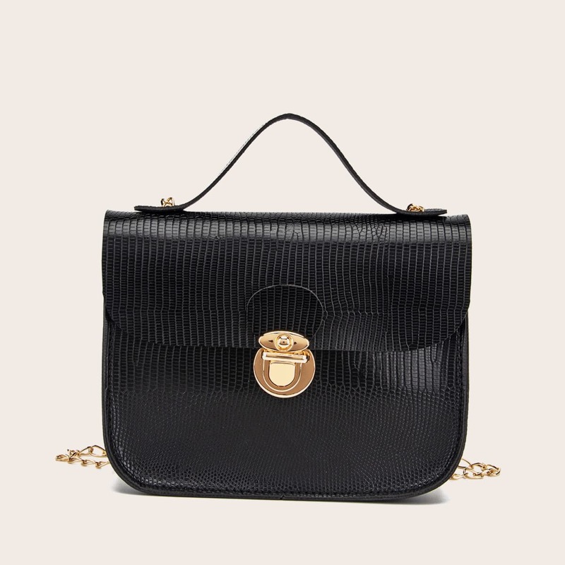 

Lizard Embossed Push Lock Satchel Bag, Black
