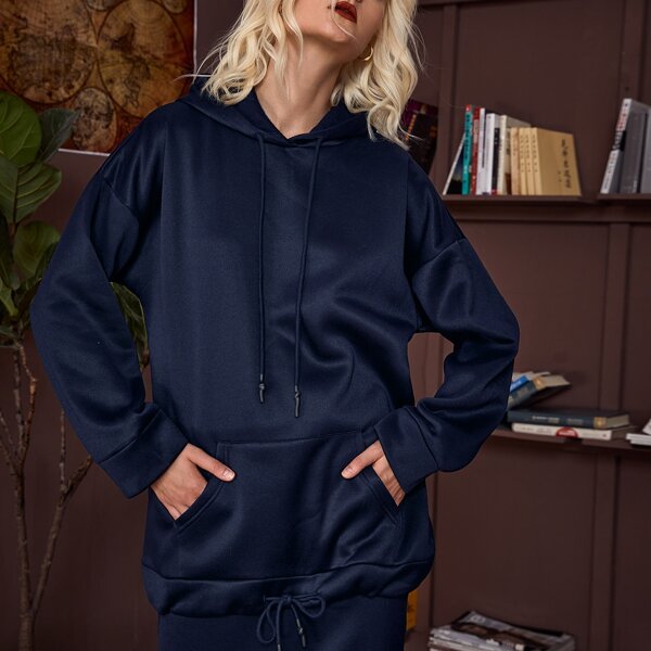 

Drop Shoulder Pocket Front Drawstring Detail Hoodie, Navy blue