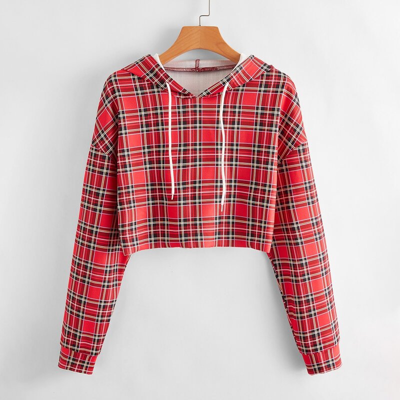 

Tartan Drawstring Drop Shoulder Crop Hoodie, Red
