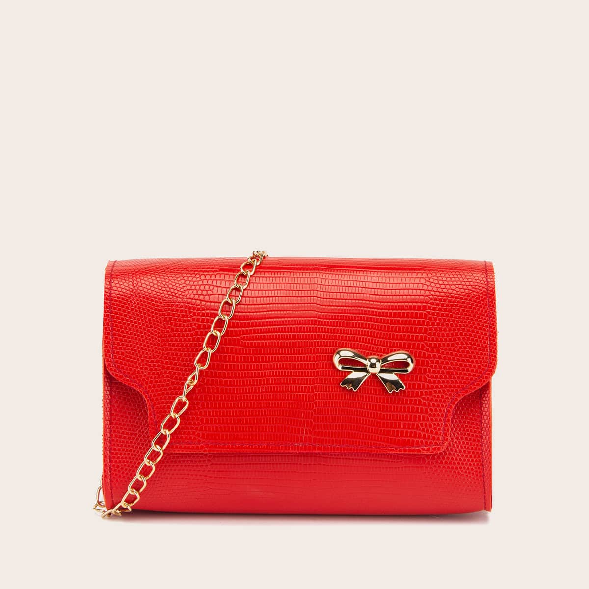 

Metal Bow Decor Lizard Embossed Crossbody Bag, Red