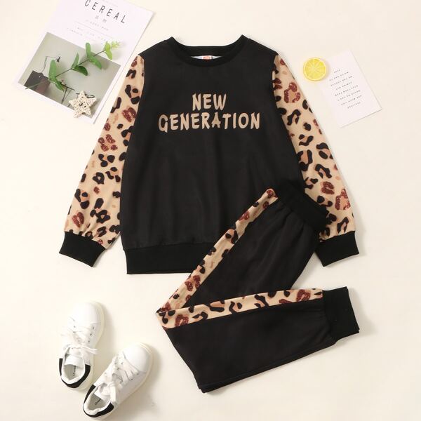 

Boys Letter Graphic Sweatshirt & Leopard Print Sweatpants, Black