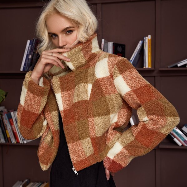 

Plaid Teddy Moto Jacket, Multicolor