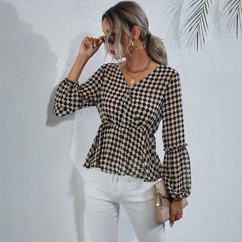 

Checkered Print Frill Chiffon Peplum Blouse, Multicolor