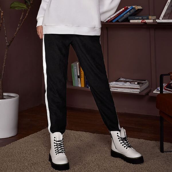 

Drawstring Waist Contrast Sideseam Suede Pants, Black