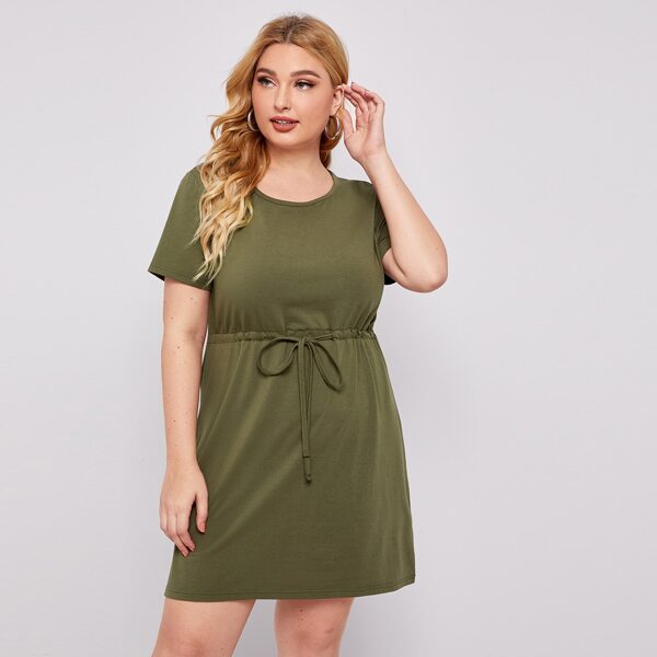 

Plus Drawstring Waist Short Sleeve Dress, Army green