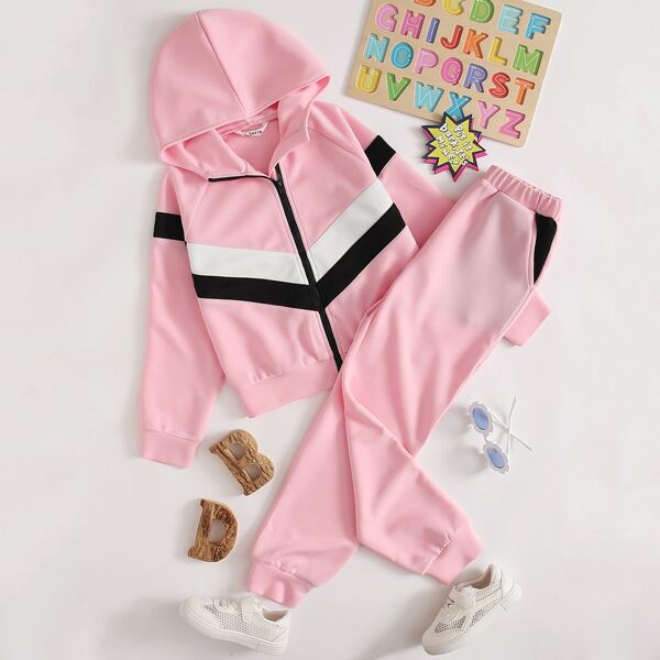 

Girls Zip Up Striped Hoodie & Sweatpants Set, Baby pink