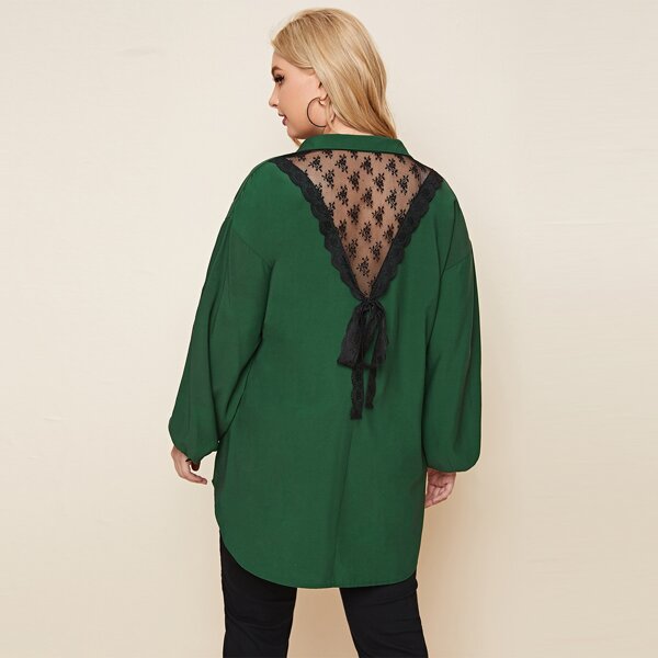 

Plus Contrast Lace Tie Back Blouse, Green