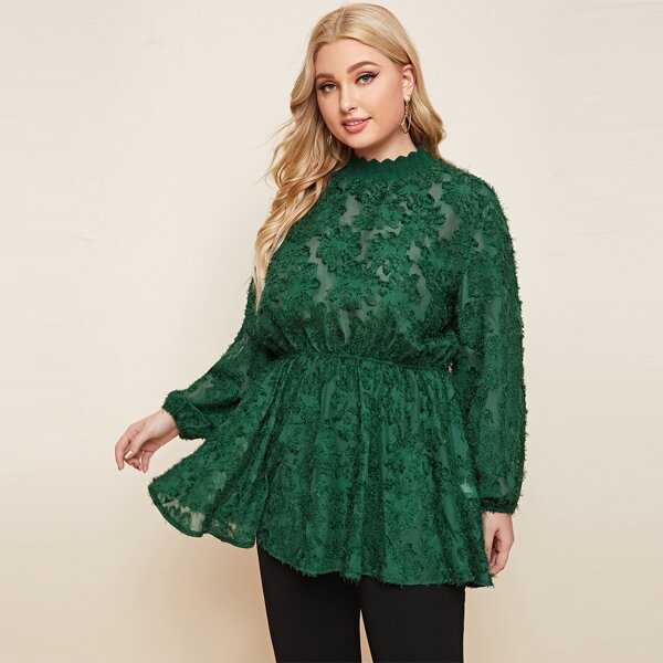 

Plus Jacquard Appliques Mock Neck Blouse, Green