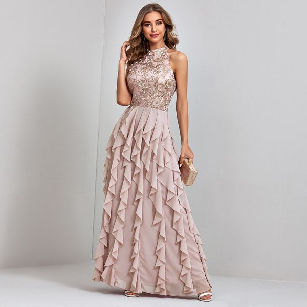 

Contrast Mesh Embroidered Ruffle Backless A-line Dress, Dusty pink