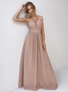 繞頸露背後拉鏈金屬質感吊帶連衣裙 - 藕粉色 - 查看 1