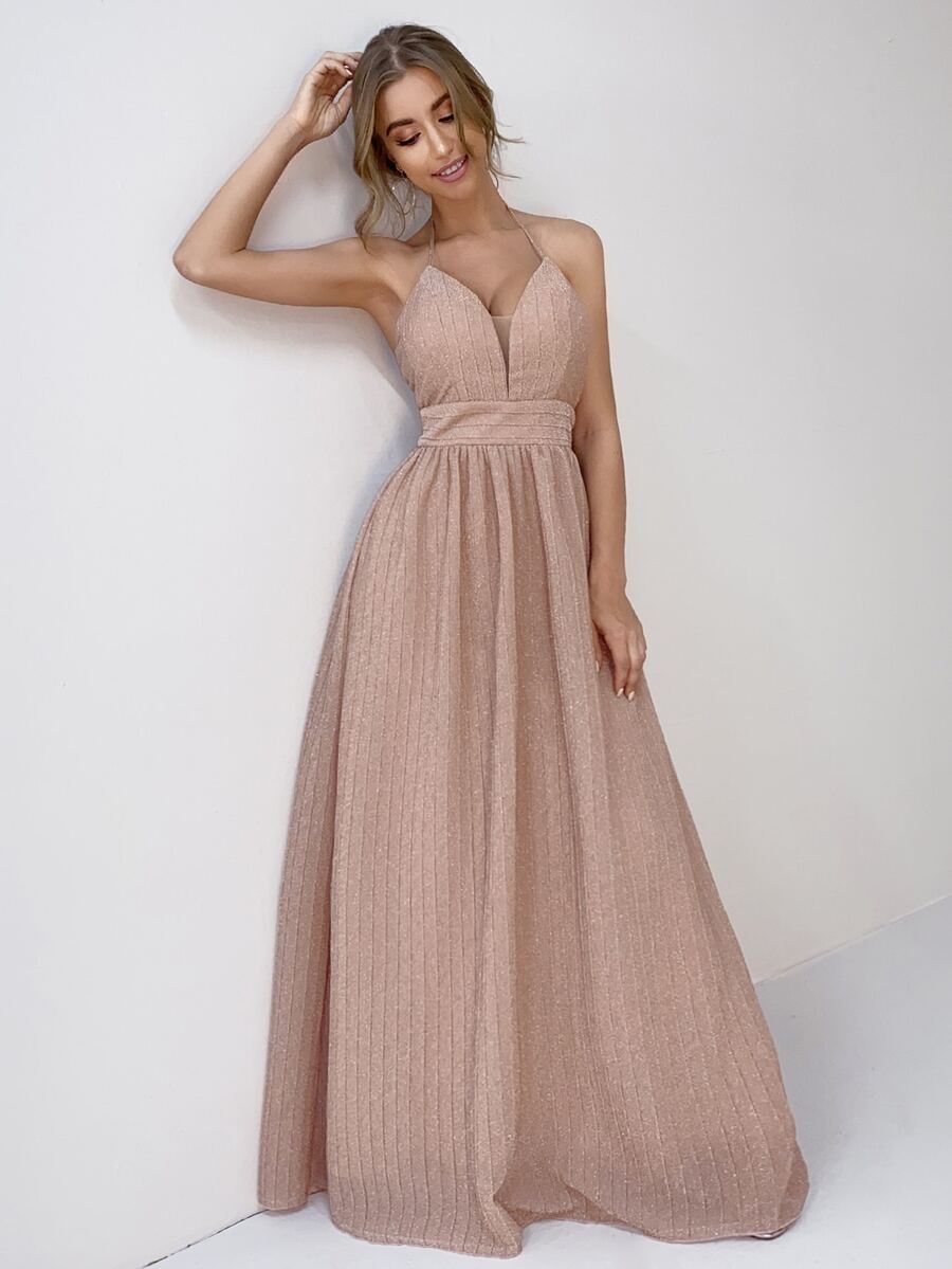 繞頸露背後拉鏈金屬質感吊帶連衣裙 - 藕粉色 - 查看 1