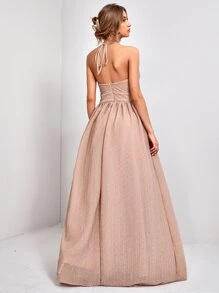 繞頸露背後拉鏈金屬質感吊帶連衣裙 - 藕粉色 - 查看 2
