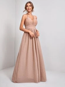 繞頸露背後拉鏈金屬質感吊帶連衣裙 - 藕粉色 - 查看 5