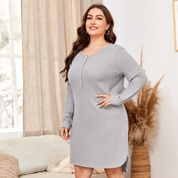 

Plus Button Front Curved Hem Waffle Knit Nightdress, Light grey