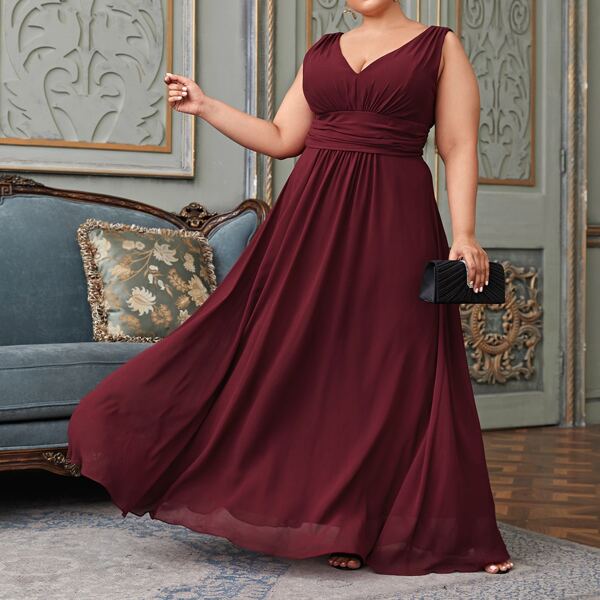 

Plus Double V Neck Wide Waistband Chiffon Prom Dress, Maroon