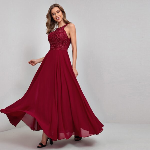

Contrast Lace Pearls Backless A-line Dress, Burgundy