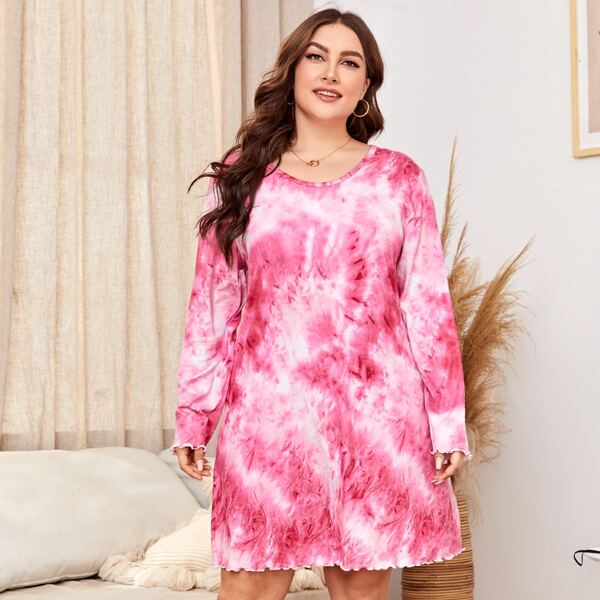 

Plus Tie Dye Lettuce Trim Nightdress, Pink