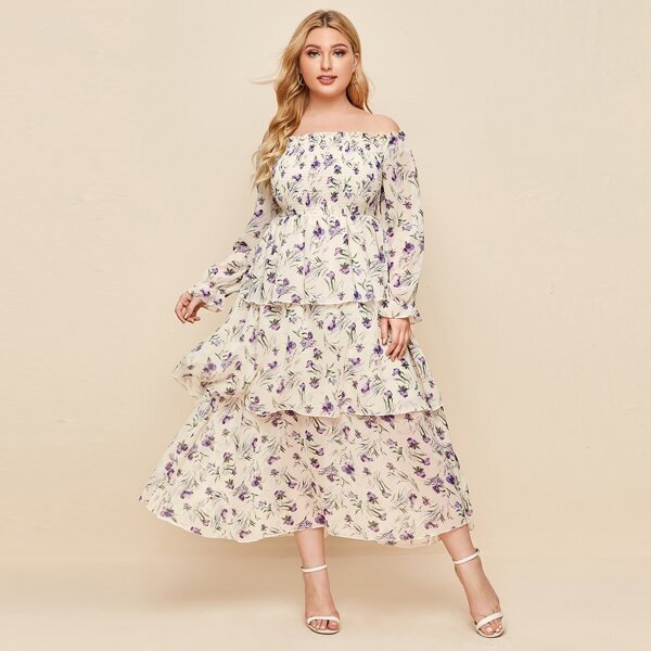 

Plus Chiffon Floral Bardot Shirred Layered Dress, Multicolor