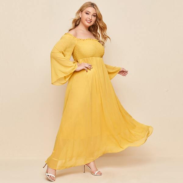 

Plus Chiffon Bardot Shirred Bell Sleeve Maxi Dress, Yellow