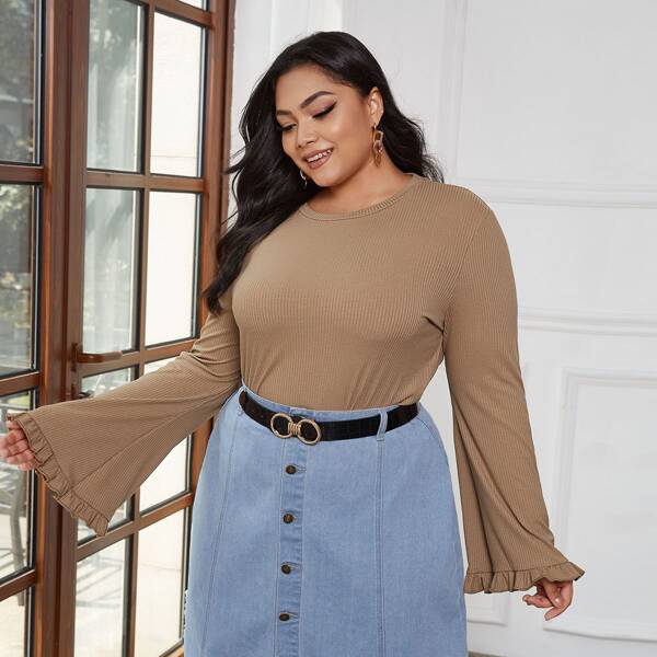

Plus Rib-knit Ruffle Trim Flounce Sleeve Tee, Mocha brown