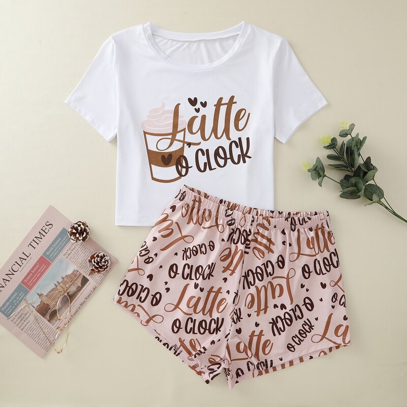 

Letter & Heart Print Tee With Shorts PJ Set, Multicolor