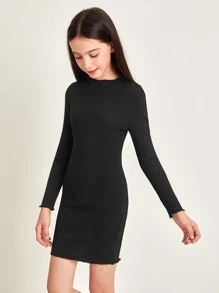 SHEIN 中小學生女孩萵苣邊紋編織修身裙