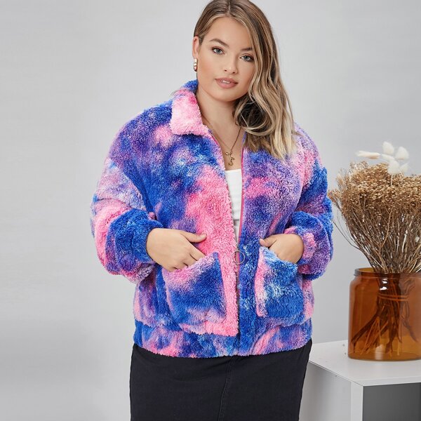 

Plus O-ring Zipper Front Tie Dye Teddy Jacket, Multicolor