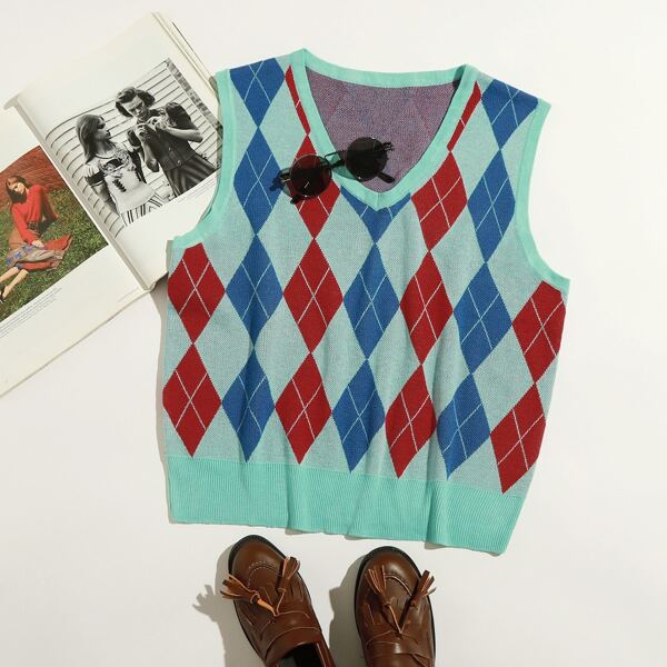 

Plus Argyle Pattern Sweater Vest, Multicolor